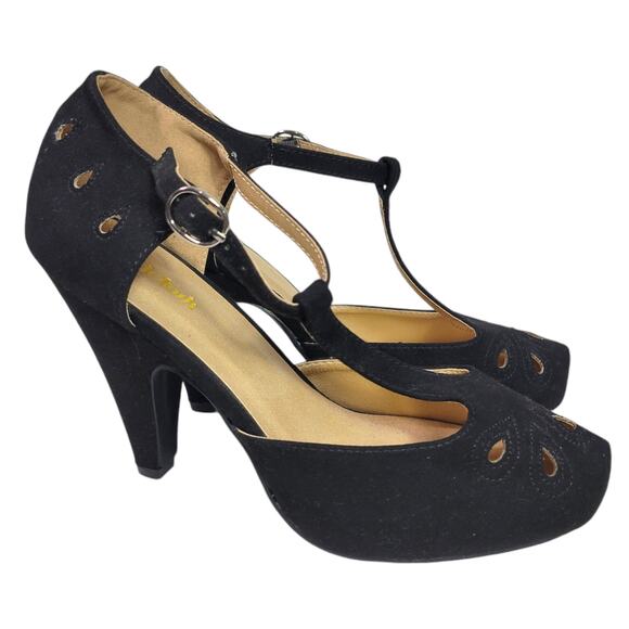 Modcloth T Strap Heels Black Pump Refreshed Zest Retro Ankle Strap Cutout Size 9 - Picture 3 of 16